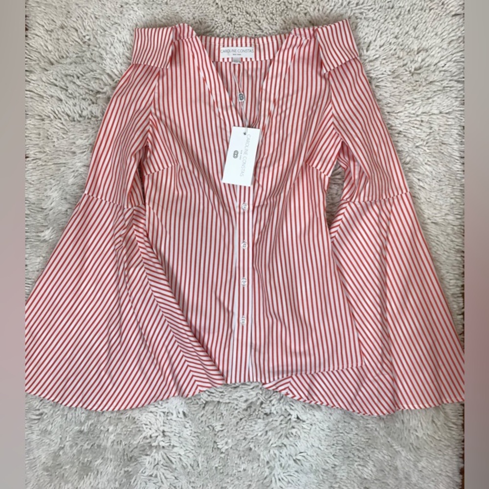 NWT $395 Caroline Constas Persephone Off-Shoulder Striped Cotton Shirt Sz XS